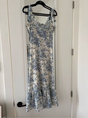 Cream and Blue Floral Tie-Shoulder Maxi Dress